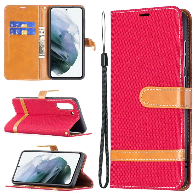 For Samsung Galaxy S21 FE Color Matching Denim Texture Horizontal Flip Leather Case with Holder & Card Slots & Wallet & Lanyard(Red) by buy2fix