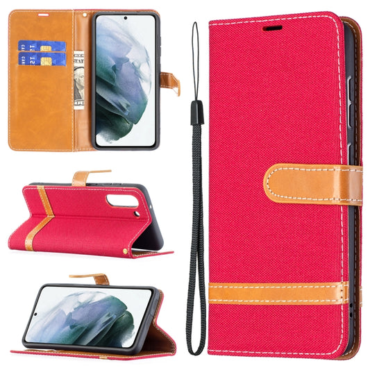 For Samsung Galaxy S21 FE Color Matching Denim Texture Horizontal Flip Leather Case with Holder & Card Slots & Wallet & Lanyard(Red) by buy2fix