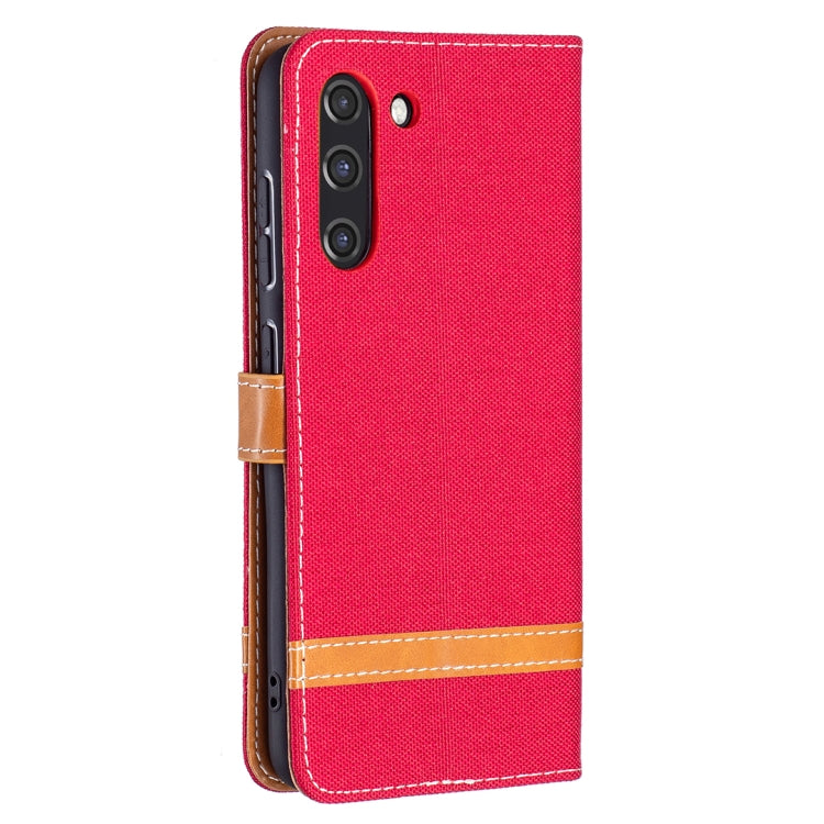 For Samsung Galaxy S21 FE Color Matching Denim Texture Horizontal Flip Leather Case with Holder & Card Slots & Wallet & Lanyard(Red) by buy2fix