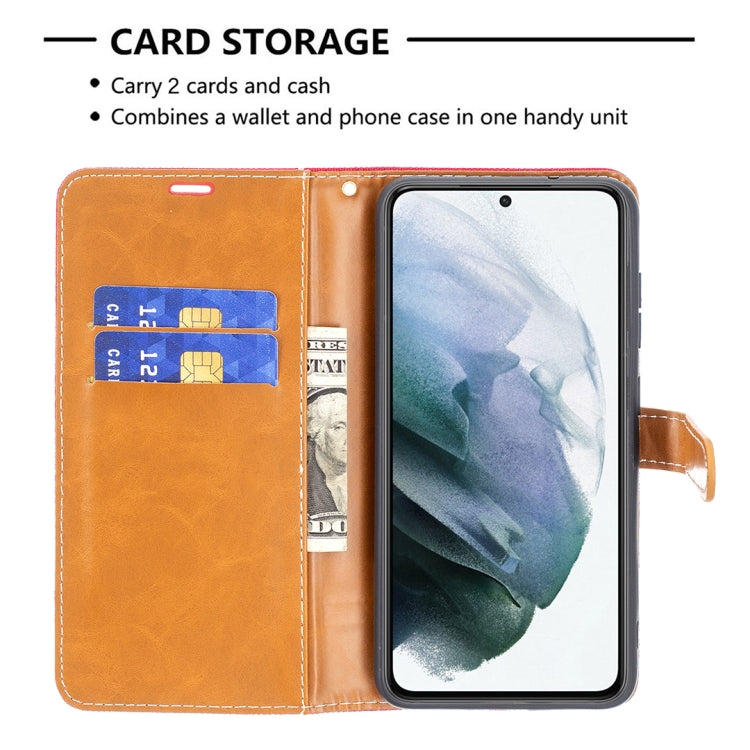 For Samsung Galaxy S21 FE Color Matching Denim Texture Horizontal Flip Leather Case with Holder & Card Slots & Wallet & Lanyard(Red) by buy2fix