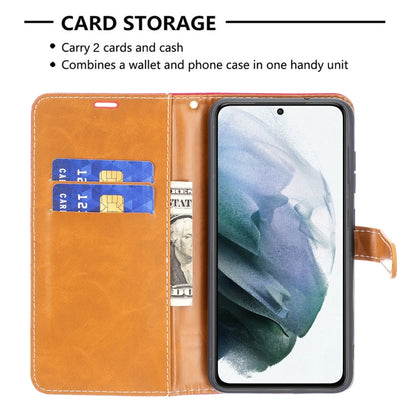 For Samsung Galaxy S21 FE Color Matching Denim Texture Horizontal Flip Leather Case with Holder & Card Slots & Wallet & Lanyard(Red) by buy2fix