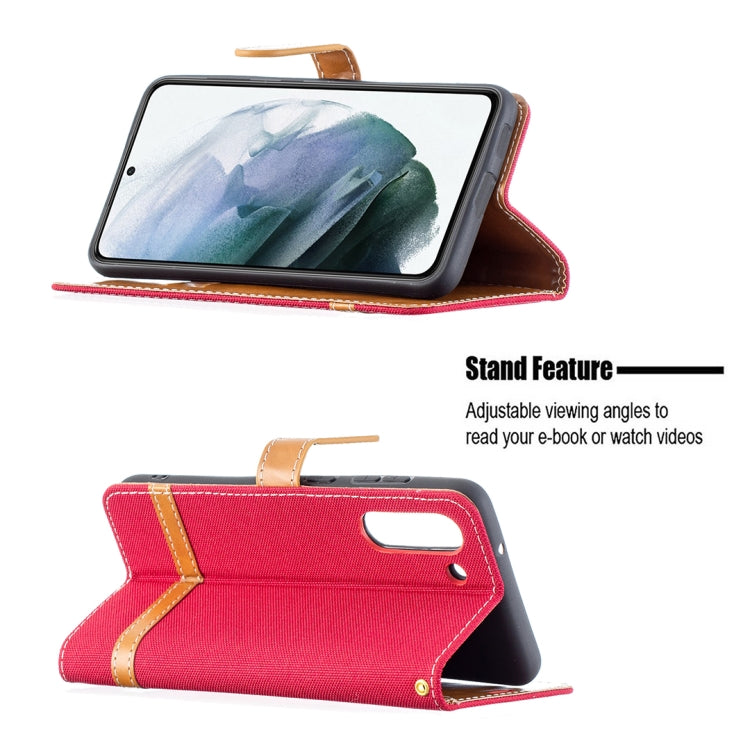 For Samsung Galaxy S21 FE Color Matching Denim Texture Horizontal Flip Leather Case with Holder & Card Slots & Wallet & Lanyard(Red) by buy2fix