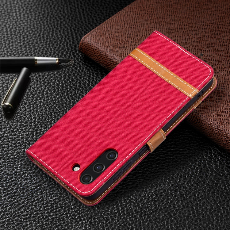 For Samsung Galaxy S21 FE Color Matching Denim Texture Horizontal Flip Leather Case with Holder & Card Slots & Wallet & Lanyard(Red) by buy2fix