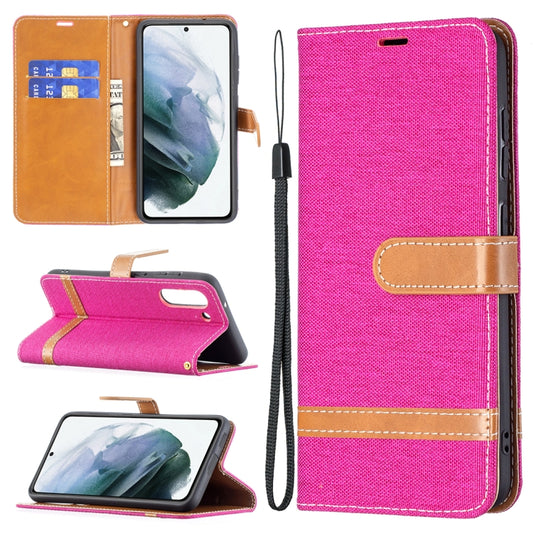 For Samsung Galaxy S21 FE Color Matching Denim Texture Horizontal Flip Leather Case with Holder & Card Slots & Wallet & Lanyard(Rose Red) by buy2fix