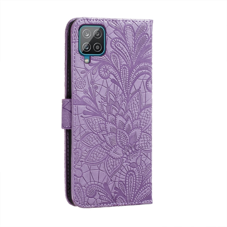For Samsung Galaxy A22 4G Lace Flower Embossing Pattern Horizontal Flip Leather Case with Holder & Card Slots & Wallet & Photo Frame(Purple) by buy2fix