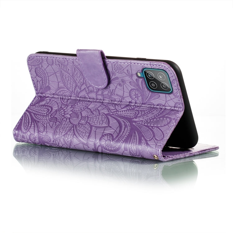 For Samsung Galaxy A22 4G Lace Flower Embossing Pattern Horizontal Flip Leather Case with Holder & Card Slots & Wallet & Photo Frame(Purple) by buy2fix