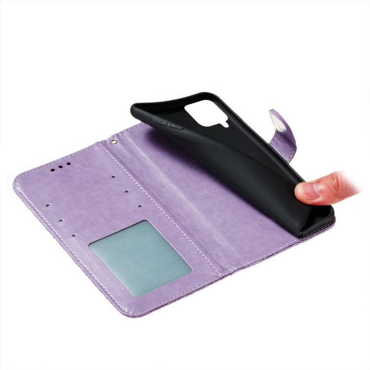 For Samsung Galaxy A22 4G Lace Flower Embossing Pattern Horizontal Flip Leather Case with Holder & Card Slots & Wallet & Photo Frame(Purple) by buy2fix