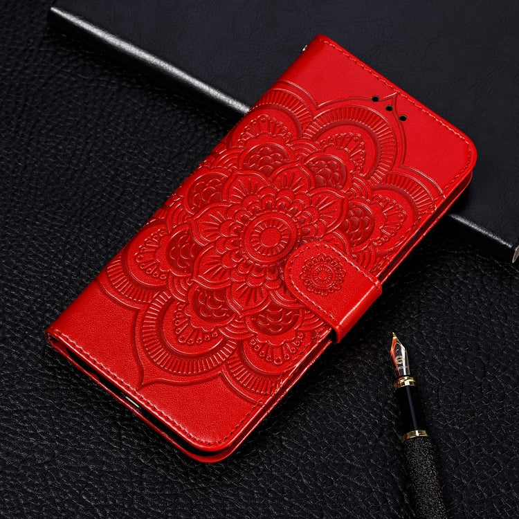 For Samsung Galaxy S21 FE Sun Mandala Embossing Pattern Horizontal Flip PU Leather Case with Holder & Card Slots & Wallet & Lanyard(Red) by buy2fix