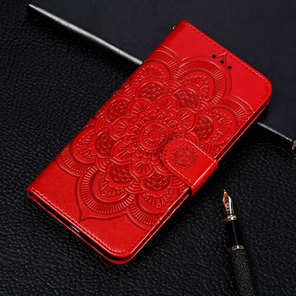 For Samsung Galaxy S21 FE Sun Mandala Embossing Pattern Horizontal Flip PU Leather Case with Holder & Card Slots & Wallet & Lanyard(Red) by buy2fix