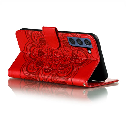 For Samsung Galaxy S21 FE Sun Mandala Embossing Pattern Horizontal Flip PU Leather Case with Holder & Card Slots & Wallet & Lanyard(Red) by buy2fix