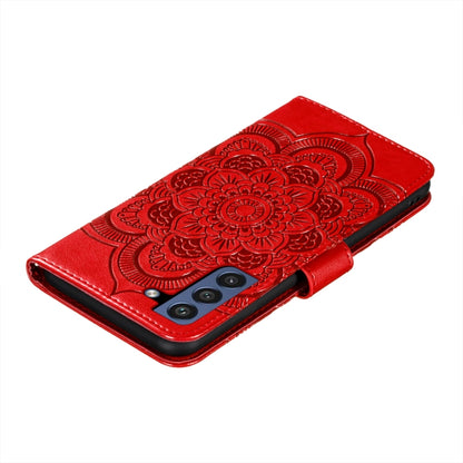 For Samsung Galaxy S21 FE Sun Mandala Embossing Pattern Horizontal Flip PU Leather Case with Holder & Card Slots & Wallet & Lanyard(Red) by buy2fix