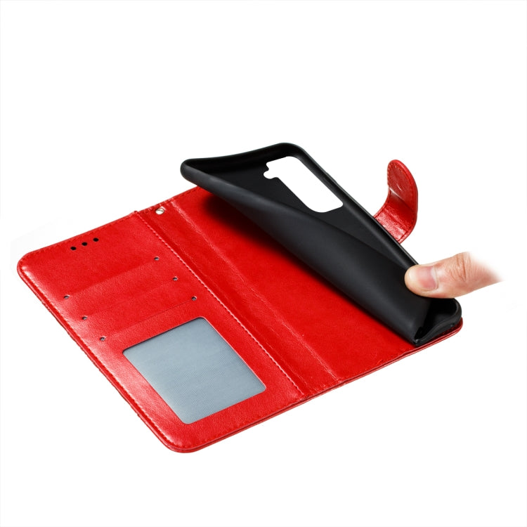 For Samsung Galaxy S21 FE Sun Mandala Embossing Pattern Horizontal Flip PU Leather Case with Holder & Card Slots & Wallet & Lanyard(Red) by buy2fix