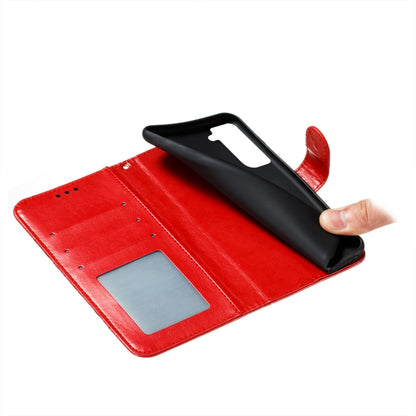 For Samsung Galaxy S21 FE Sun Mandala Embossing Pattern Horizontal Flip PU Leather Case with Holder & Card Slots & Wallet & Lanyard(Red) by buy2fix