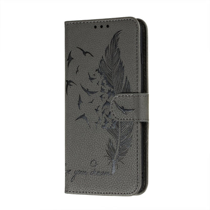 For Samsung Galaxy A22 4G Litchi Texture Feather Embossing Pattern Horizontal Flip Leather Case with Holder & Card Slots & Wallet & Photo Frame & Lanyard(Grey) by buy2fix