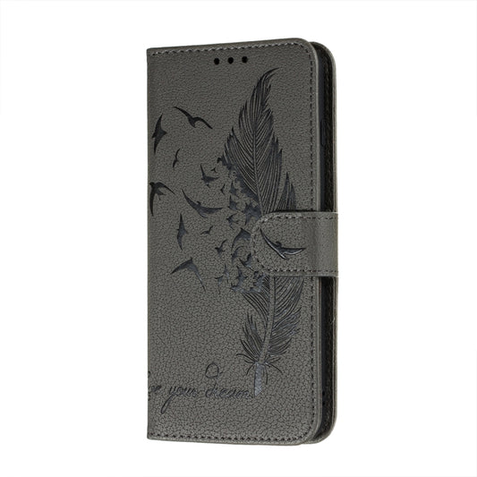 For Samsung Galaxy A22 4G Litchi Texture Feather Embossing Pattern Horizontal Flip Leather Case with Holder & Card Slots & Wallet & Photo Frame & Lanyard(Grey) by buy2fix
