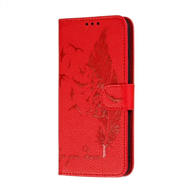 For Samsung Galaxy A22 5G Litchi Texture Feather Embossing Pattern Horizontal Flip Leather Case with Holder & Card Slots & Wallet & Photo Frame & Lanyard(Red) by buy2fix