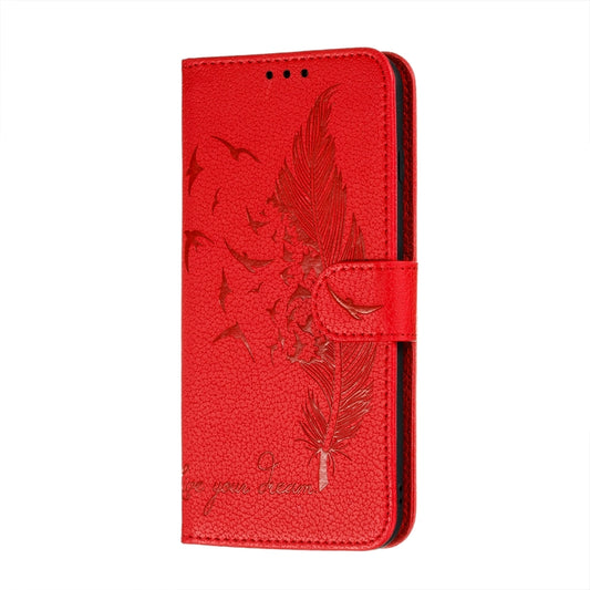 For Samsung Galaxy A22 5G Litchi Texture Feather Embossing Pattern Horizontal Flip Leather Case with Holder & Card Slots & Wallet & Photo Frame & Lanyard(Red) by buy2fix
