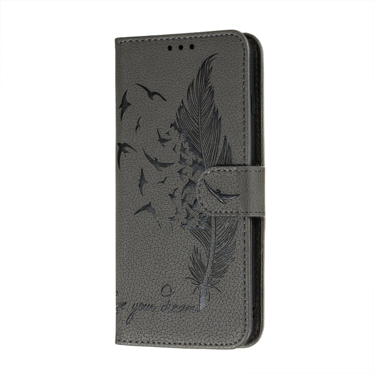 For Samsung Galaxy A22 5G Litchi Texture Feather Embossing Pattern Horizontal Flip Leather Case with Holder & Card Slots & Wallet & Photo Frame & Lanyard(Grey) by buy2fix