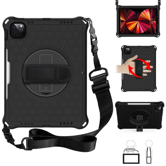 For iPad Pro 11 2022 / 2021 / 2020 / 2018 360 Degree Rotation Honeycomb Shockproof Silicone PC Protective Tablet Case with Holder & Shoulder Strap & Hand Strap(Black) - iPad Pro 11 (2022/2021) Cases by buy2fix | Online Shopping UK | buy2fix
