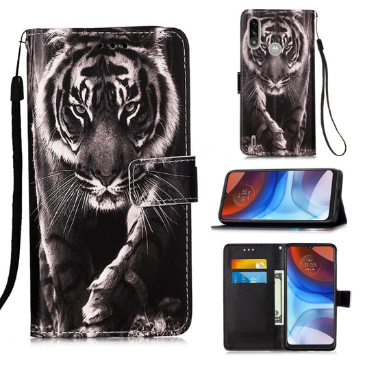 For Motorola Moto E7 Power Colored Drawing Pattern Plain Weave Horizontal Flip Leather Case with Holder & Card Slot & Wallet & Lanyard(Black And White Tiger) - Motorola Cases by buy2fix | Online Shopping UK | buy2fix