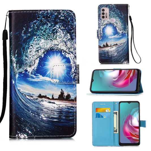 For Motorola Moto G30 / G10 / G10 Power Colored Drawing Pattern Plain Weave Horizontal Flip Leather Case with Holder & Card Slot & Wallet & Lanyard(Waves And Sun) - Motorola Cases by buy2fix | Online Shopping UK | buy2fix