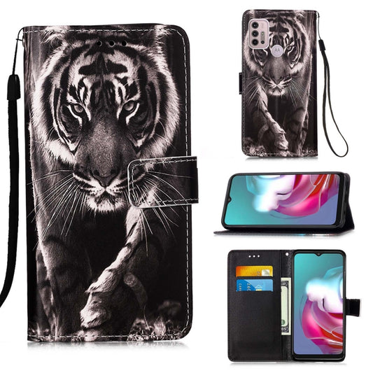 For Motorola Moto G30 / G10 / G10 Power Colored Drawing Pattern Plain Weave Horizontal Flip Leather Case with Holder & Card Slot & Wallet & Lanyard(Black And White Tiger) - Motorola Cases by buy2fix | Online Shopping UK | buy2fix
