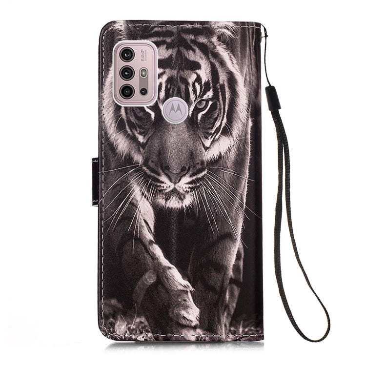 For Motorola Moto G30 / G10 / G10 Power Colored Drawing Pattern Plain Weave Horizontal Flip Leather Case with Holder & Card Slot & Wallet & Lanyard(Black And White Tiger) - Motorola Cases by buy2fix | Online Shopping UK | buy2fix