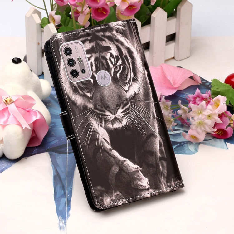 For Motorola Moto G30 / G10 / G10 Power Colored Drawing Pattern Plain Weave Horizontal Flip Leather Case with Holder & Card Slot & Wallet & Lanyard(Black And White Tiger) - Motorola Cases by buy2fix | Online Shopping UK | buy2fix