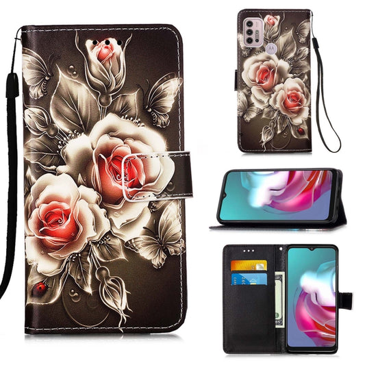 For Motorola Moto G30 / G10 / G10 Power Colored Drawing Pattern Plain Weave Horizontal Flip Leather Case with Holder & Card Slot & Wallet & Lanyard(Roses On Black) - Motorola Cases by buy2fix | Online Shopping UK | buy2fix