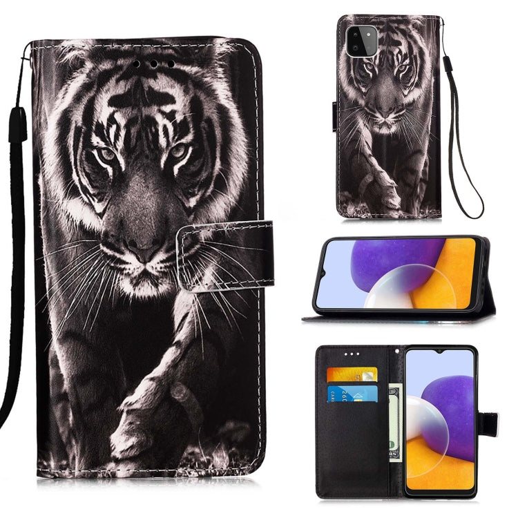 For Samsung Galaxy A22 5G (US Version) Colored Drawing Pattern Plain Weave Horizontal Flip Leather Case with Holder & Card Slot & Wallet & Lanyard(Black And White Tiger) by buy2fix