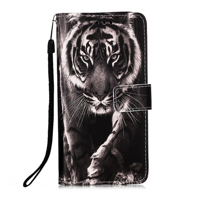 For Samsung Galaxy A22 5G (US Version) Colored Drawing Pattern Plain Weave Horizontal Flip Leather Case with Holder & Card Slot & Wallet & Lanyard(Black And White Tiger) by buy2fix