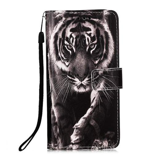 For Samsung Galaxy A22 5G (US Version) Colored Drawing Pattern Plain Weave Horizontal Flip Leather Case with Holder & Card Slot & Wallet & Lanyard(Black And White Tiger) by buy2fix