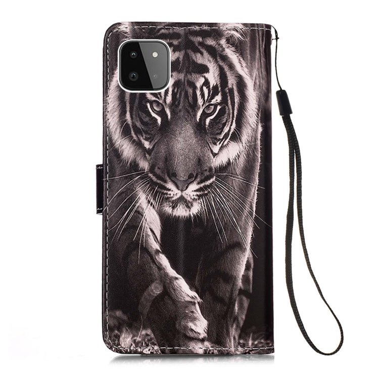 For Samsung Galaxy A22 5G (US Version) Colored Drawing Pattern Plain Weave Horizontal Flip Leather Case with Holder & Card Slot & Wallet & Lanyard(Black And White Tiger) by buy2fix