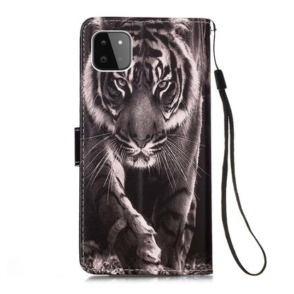 For Samsung Galaxy A22 5G (US Version) Colored Drawing Pattern Plain Weave Horizontal Flip Leather Case with Holder & Card Slot & Wallet & Lanyard(Black And White Tiger) by buy2fix