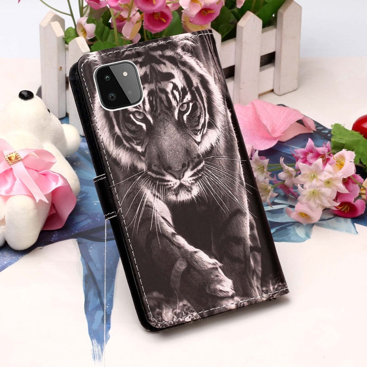 For Samsung Galaxy A22 5G (US Version) Colored Drawing Pattern Plain Weave Horizontal Flip Leather Case with Holder & Card Slot & Wallet & Lanyard(Black And White Tiger) by buy2fix