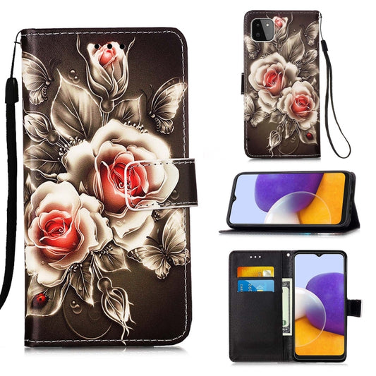 For Samsung Galaxy A22 5G (US Version) Colored Drawing Pattern Plain Weave Horizontal Flip Leather Case with Holder & Card Slot & Wallet & Lanyard(Roses On Black) by buy2fix