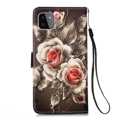 For Samsung Galaxy A22 5G (US Version) Colored Drawing Pattern Plain Weave Horizontal Flip Leather Case with Holder & Card Slot & Wallet & Lanyard(Roses On Black) by buy2fix