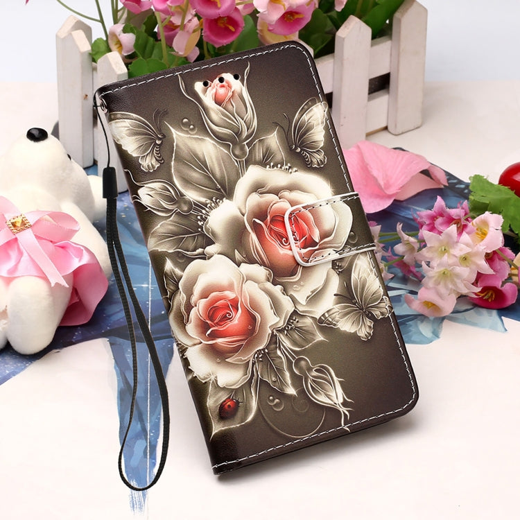 For Samsung Galaxy A22 5G (US Version) Colored Drawing Pattern Plain Weave Horizontal Flip Leather Case with Holder & Card Slot & Wallet & Lanyard(Roses On Black) by buy2fix