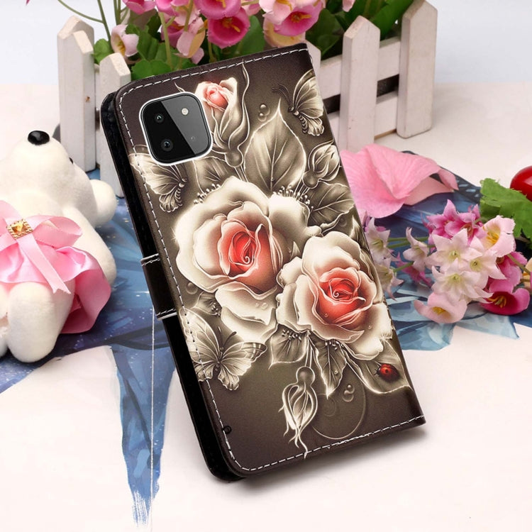 For Samsung Galaxy A22 5G (US Version) Colored Drawing Pattern Plain Weave Horizontal Flip Leather Case with Holder & Card Slot & Wallet & Lanyard(Roses On Black) by buy2fix