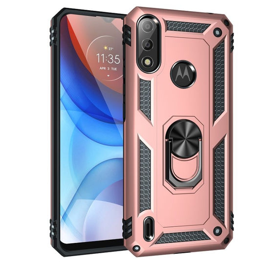 For Motorola Moto E7 Power (2021) Shockproof TPU + PC Protective Case with 360 Degree Rotating Holder(Rose Gold)