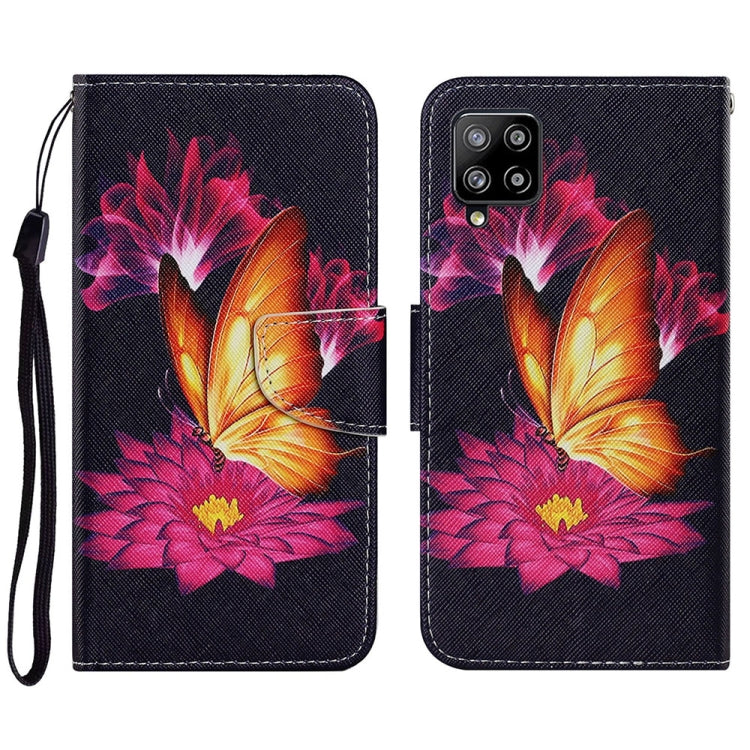 For Samsung Galaxy A22 4G Coloured Drawing Pattern Horizontal Flip PU Leather Case with Holder & Card Slots & Wallet & Lanyard(Big Golden Butterfly) by buy2fix