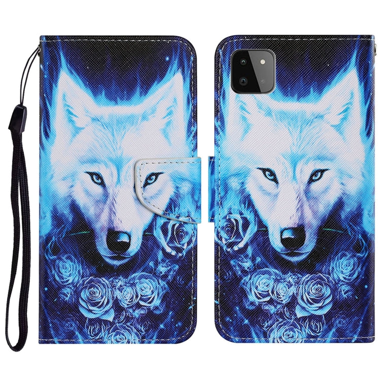 For Samsung Galaxy A22 5G Coloured Drawing Pattern Horizontal Flip PU Leather Case with Holder & Card Slots & Wallet & Lanyard(Rose Wolf) by buy2fix