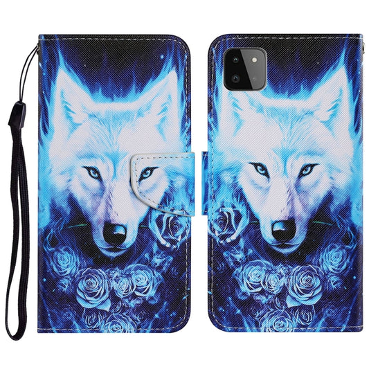 For Samsung Galaxy A22 5G Coloured Drawing Pattern Horizontal Flip PU Leather Case with Holder & Card Slots & Wallet & Lanyard(Rose Wolf) by buy2fix