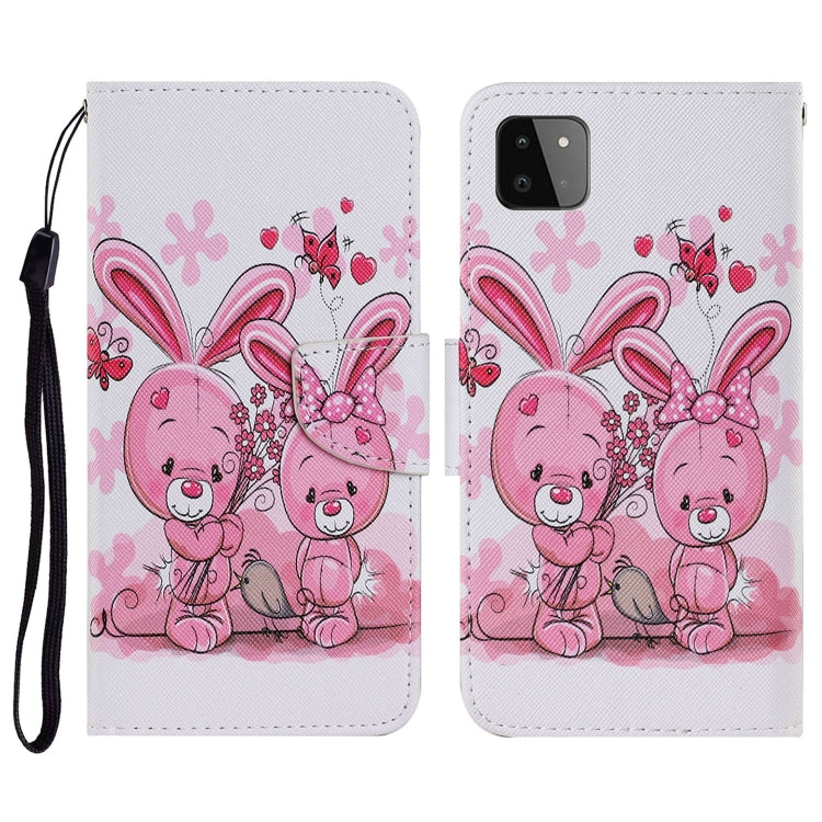 For Samsung Galaxy A22 5G Coloured Drawing Pattern Horizontal Flip PU Leather Case with Holder & Card Slots & Wallet & Lanyard(Cute Rabbit) by buy2fix