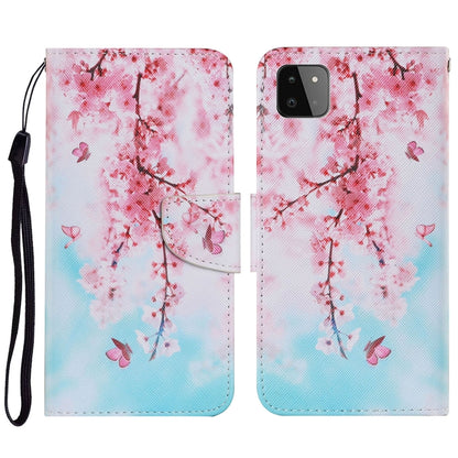 For Samsung Galaxy A22 5G Coloured Drawing Pattern Horizontal Flip PU Leather Case with Holder & Card Slots & Wallet & Lanyard(Cherry Blossoms) by buy2fix