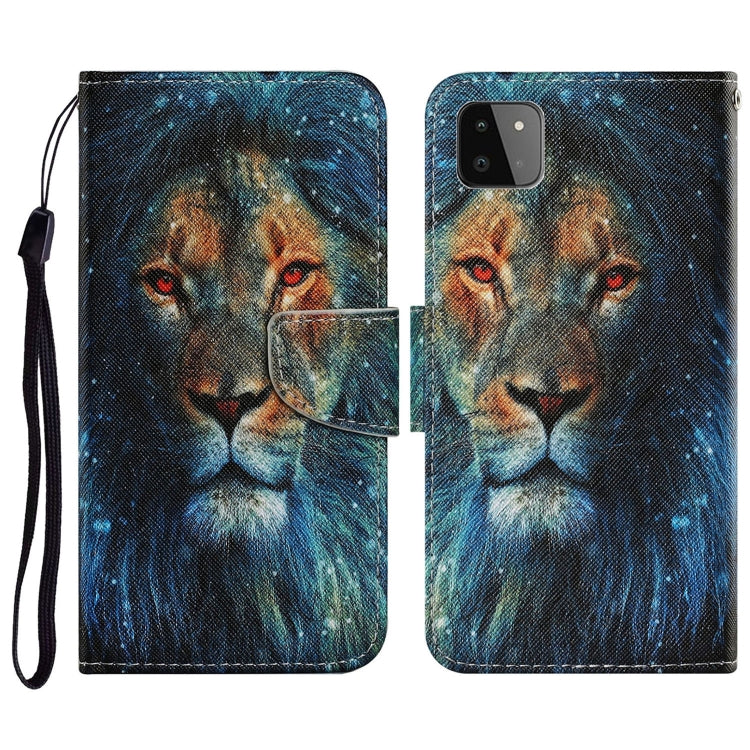 For Samsung Galaxy A22 5G Coloured Drawing Pattern Horizontal Flip PU Leather Case with Holder & Card Slots & Wallet & Lanyard(Lion) by buy2fix