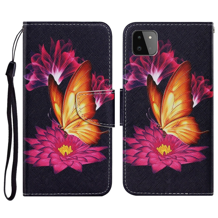 For Samsung Galaxy A22 5G Coloured Drawing Pattern Horizontal Flip PU Leather Case with Holder & Card Slots & Wallet & Lanyard(Big Golden Butterfly) by buy2fix