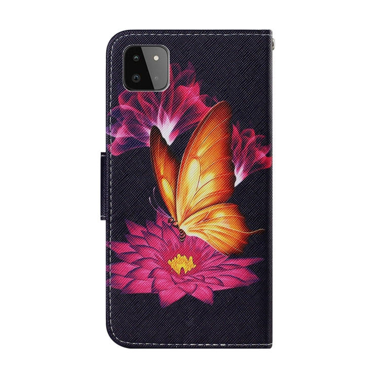 For Samsung Galaxy A22 5G Coloured Drawing Pattern Horizontal Flip PU Leather Case with Holder & Card Slots & Wallet & Lanyard(Big Golden Butterfly) by buy2fix