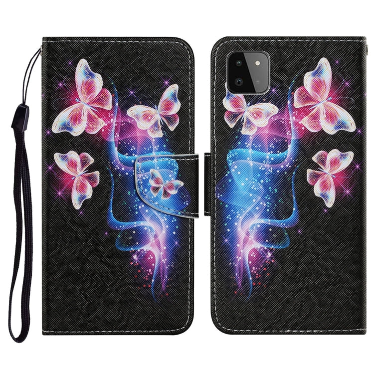 For Samsung Galaxy A22 5G Coloured Drawing Pattern Horizontal Flip PU Leather Case with Holder & Card Slots & Wallet & Lanyard(Three Fluorescent Butterflies) by buy2fix
