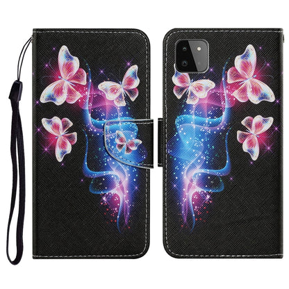 For Samsung Galaxy A22 5G Coloured Drawing Pattern Horizontal Flip PU Leather Case with Holder & Card Slots & Wallet & Lanyard(Three Fluorescent Butterflies) by buy2fix